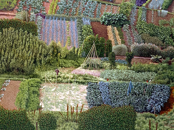 David Inshaw Greetings Cards: 'Allotments', David Inshaw, oil on canvas, 1987/8