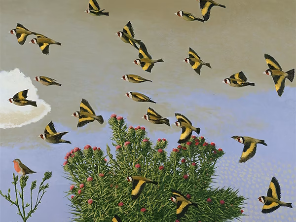 David Inshaw 'Goldfinches', oil on canvas, 2003/4