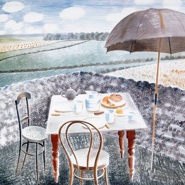 'Tea at Furlongs', Eric Ravilious, watercolour, 1939.