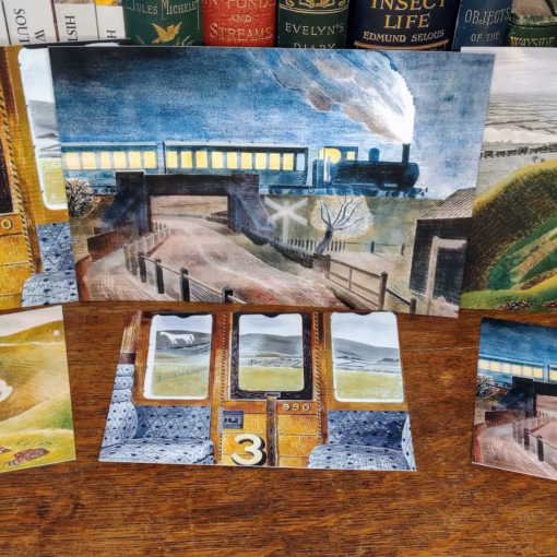 Panel showing Eric Ravilious paintings ‘Train Landscape’, ‘Train going over a Bridge at Night’ and ‘Westbury Horse’