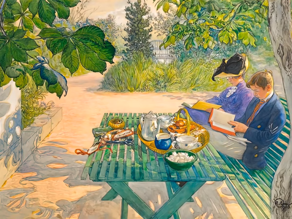 'Holiday Reading', Carl Larsson, watercolour and gouache over pencil on paper, 1916.