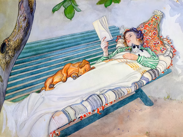 Greetings Card:  ‘Woman Lying on a Bench’, Carl Larsson, watercolour on paper, 1913