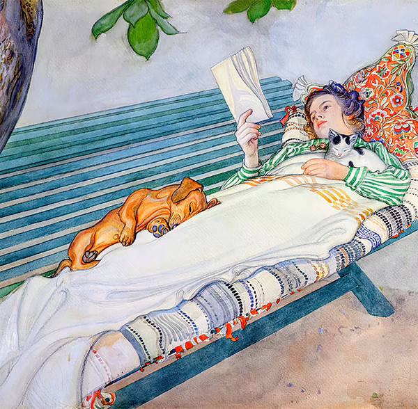 Greetings Card:  ‘Woman Lying on a Bench’, Carl Larsson, watercolour on paper, 1913