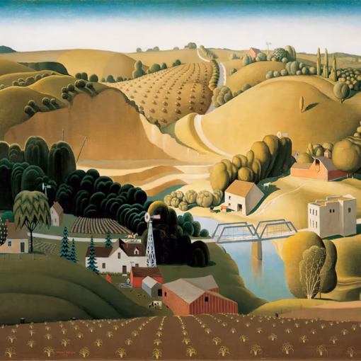 Grant Wood Cards: 'Stone City, Iowa, oil on masonite, 1930
