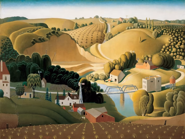 Grant Wood Cards: 'Stone City, Iowa, oil on masonite, 1930