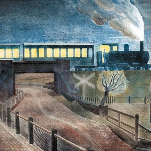 Eric Ravilious Train Going over a Bridge at Night, watercolour, 1935.