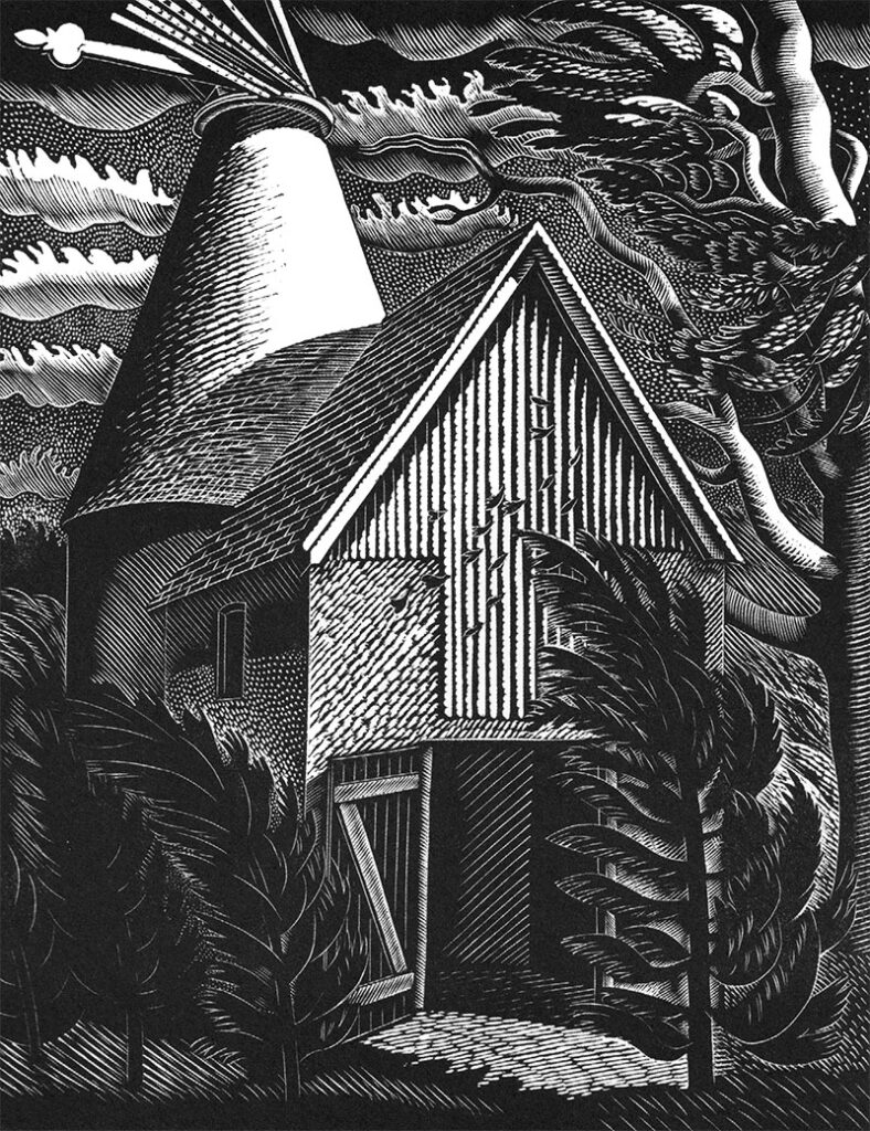 'The Windstorm', Eric Ravilious, wood engraving, 1931.

A Giclée print on 300 gsm acid-free A4 Pergraphica Classic art paper.

Dimensions: 8-1/4 x 11-3/4 inch -  210 x 297 mm.