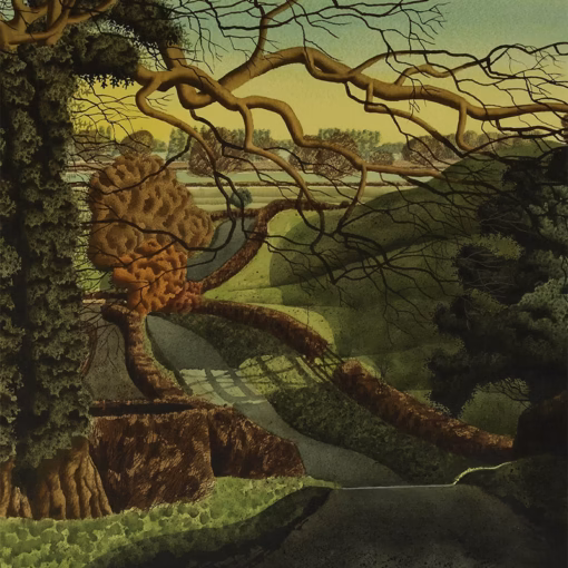 ‘Sun Setting on Watlass Moor’, Simon Palmer, watercolour with ink and gouache, 2019.