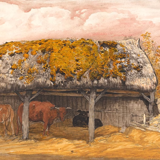 ‘A Cow Lodge with a Mossy Roof', Samuel Palmer, watercolour, gouache & black ink, 1829.