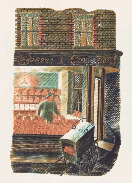 ‘Baker and Confectioner’, Eric Ravilious, colour lithograph, 1938.