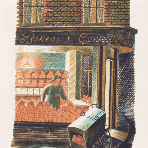 ‘Baker and Confectioner’, Eric Ravilious, colour lithograph, 1938.