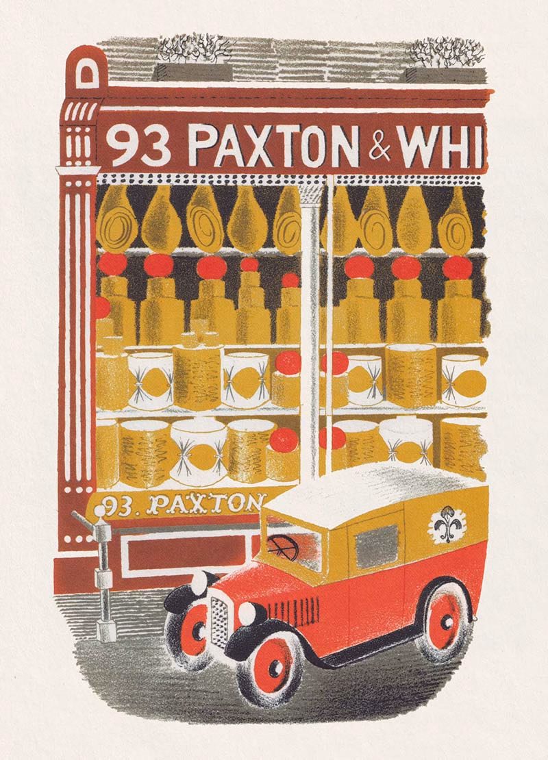 ‘Cheesemonger’, Eric Ravilious, colour lithograph, 1938.