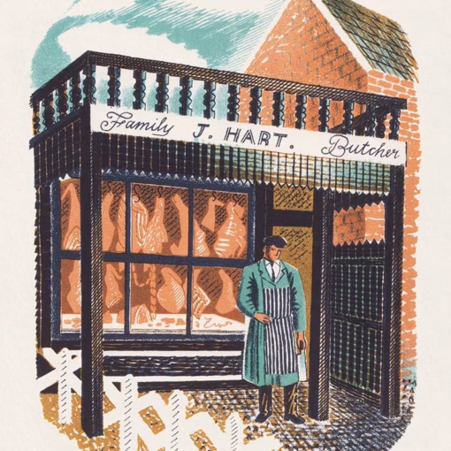‘Family Butcher’, Eric Ravilious, colour lithograph, 1938.