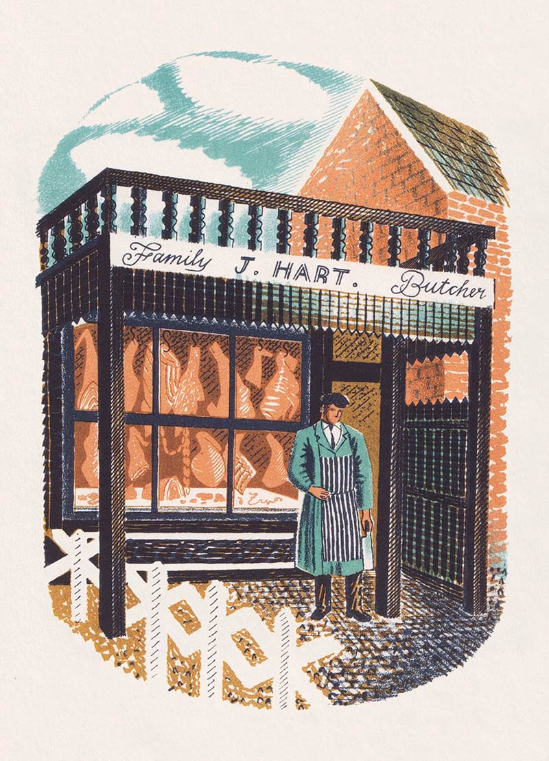 ‘Family Butcher’, Eric Ravilious, colour lithograph, 1938.