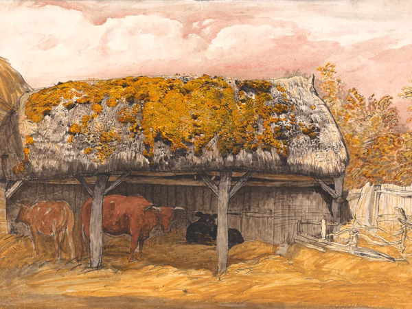 ‘A Cow Lodge with a Mossy Roof', Samuel Palmer, watercolour, gouache & black ink, 1829.