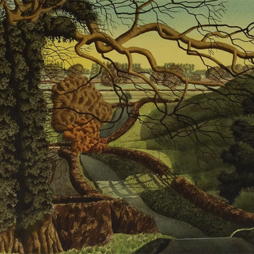 ‘Sun Setting on Watlass Moor’, Simon Palmer, watercolour with ink and gouache, 2019.