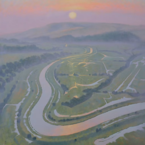 ‘Morning Mist, High and Over’, Mark Harrison, oil on board, 2011.