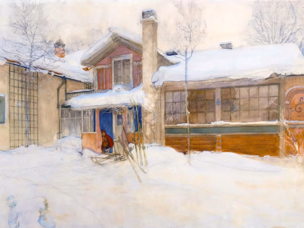 Christmas Cards: 'My Country Cottage In Winter, Sundborn', Carl Larsson, watercolour, 1904.