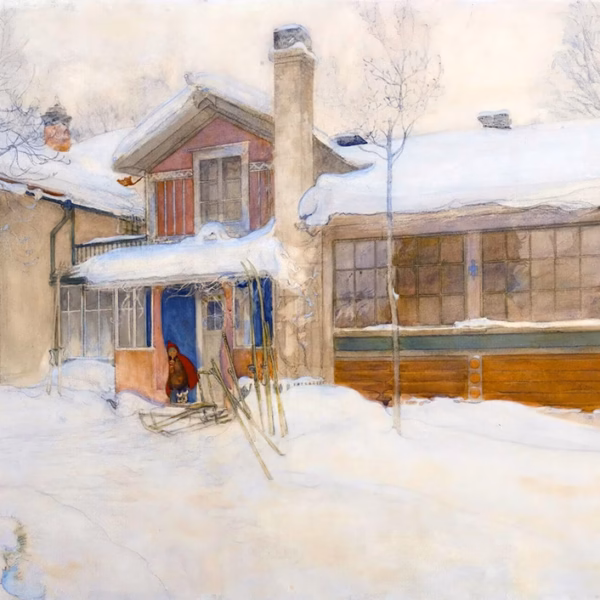 Christmas Cards: 'My Country Cottage In Winter, Sundborn', Carl Larsson, watercolour, 1904.
