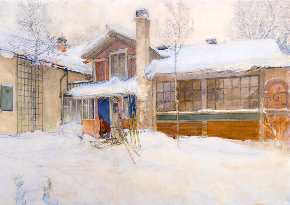 Christmas Cards: 'My Country Cottage In Winter, Sundborn', Carl Larsson, watercolour, 1904.