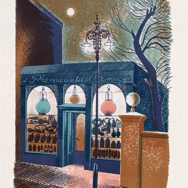 ‘Pharmaceutical Chemist’, Eric Ravilious, colour lithograph, 1938.