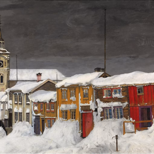 Christmas Cards: ‘Street in Røros in Winter’, Harald Sohlberg, oil on canvas, 1903.