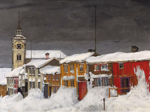 Christmas Cards: ‘Street in Røros in Winter’, Harald Sohlberg, oil on canvas, 1903.
