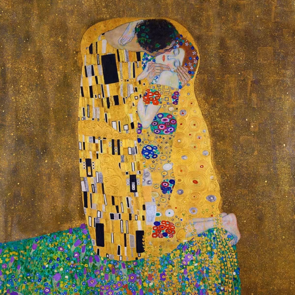 ‘The Kiss’, Gustav Klimt, oil on canvas, with gold leaf, silver and platinum, 1907.