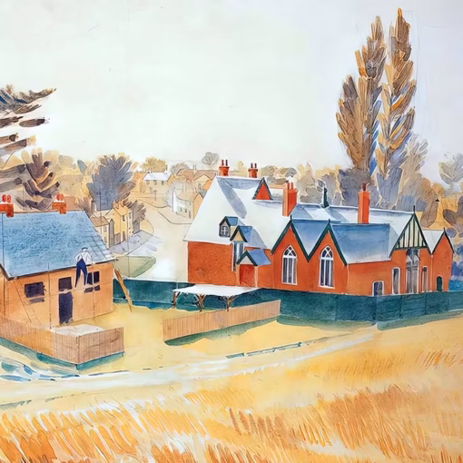 'The Village School/New Bungalow', Eric Ravilious, watercolour, 1933.