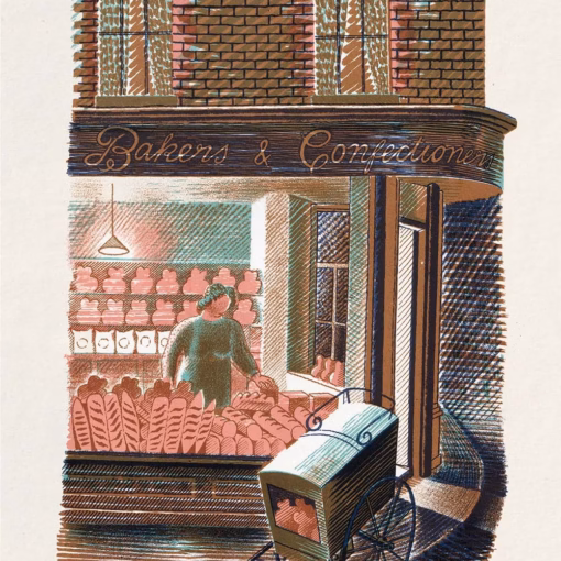 ‘Baker and Confectioner’, Eric Ravilious, colour lithograph, 1938.