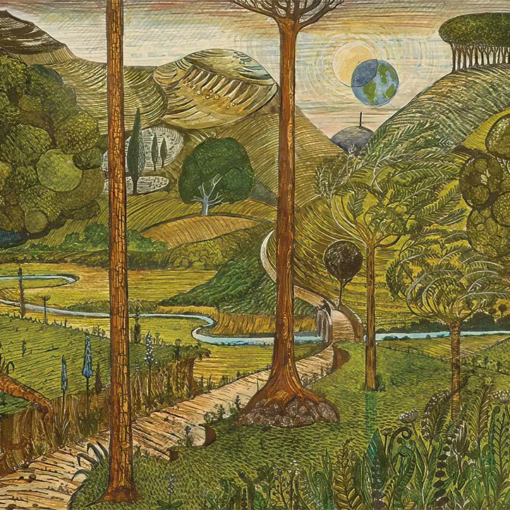 'Another World, Springtime', Kit Boyd, hand coloured etching, 2022.