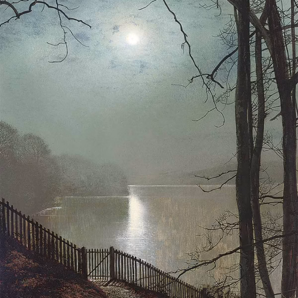 John Atkinson Grimshaw Cards ‘Moonlight on the Lake, Roundhay Park, Leeds’, John Atkinson Grimshaw, oil on canvas, 1872.
