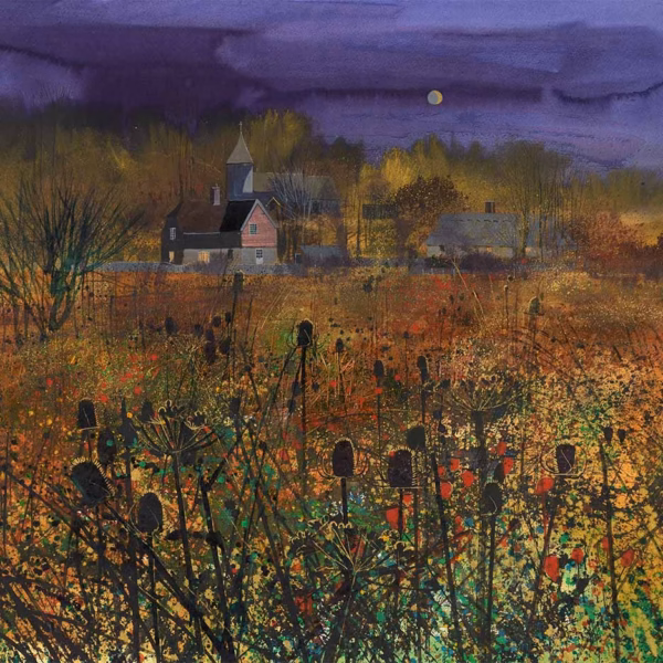 ‘Crescent Moon over Southease’, Paul Evans, acrylic and ink on paper, 2023.