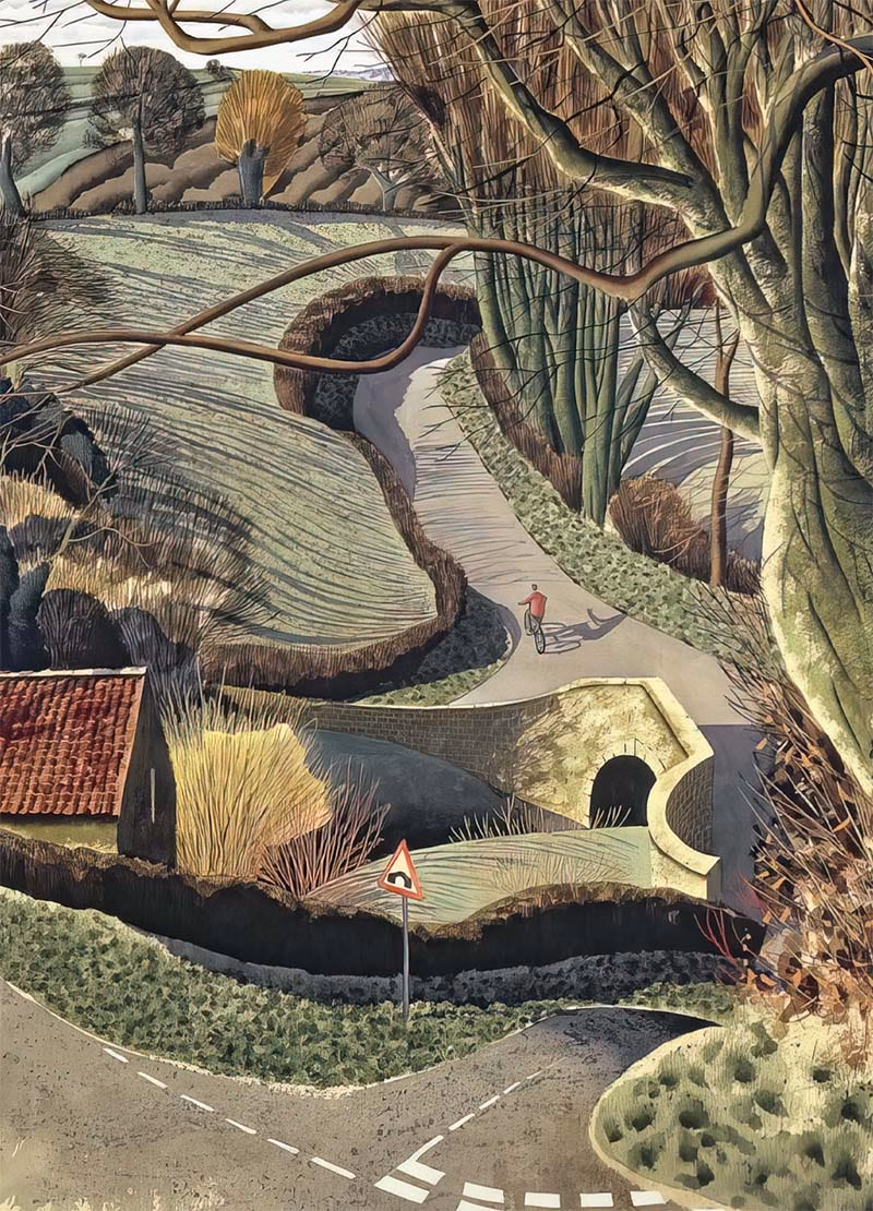 Simon Palmer Postcards: ‘Cycling Home’, Simon Palmer, watercolour, ink and gouache, 1996.