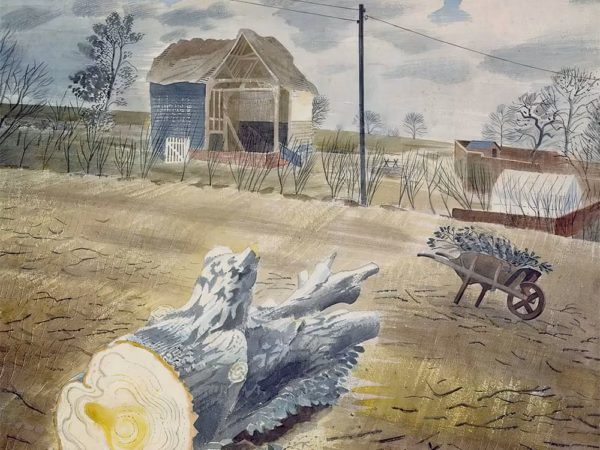 Eric Ravilious Greetings Cards: ‘Tree Trunk and Wheelbarrow’, Eric Ravilious, watercolour, circa 1933.