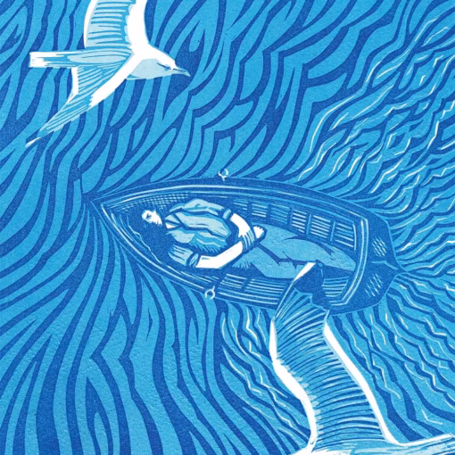 Kit Boyd Greetings Cards: 'Cast Adrift (in Blue)', Kit Boyd, linocut, 2022.