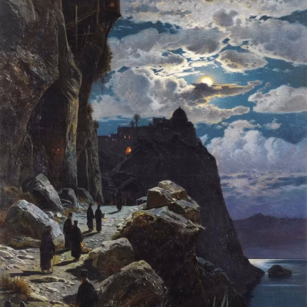 ‘Monks Walk to the Mountain Monastery of Athos’, Hermann Corrodi, oil on canvas, 1905.