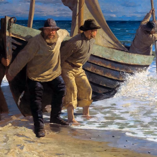 The Skagen Painters: ‘Launching the Boat. Skagen’, Oscar Bjørck, oil on canvas, 1884.