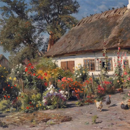 Peder Mørk Mønsted Greetings Cards: ‘A Cottage Garden with Chickens’, Peder Mørk Mønsted, oil on canvas, 1919.