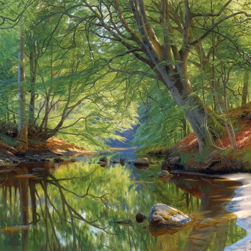 Peder Mørk Mønsted Greetings Cards: ‘Forest Stream’, Peder Mørk Mønsted, oil on canvas, 1896.