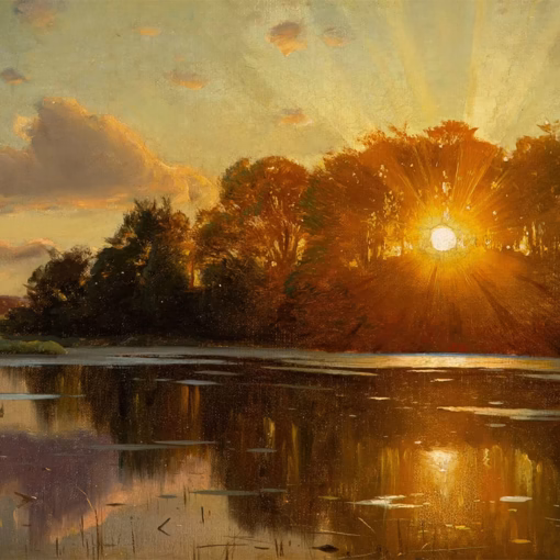 Peder Mørk Mønsted Greetings Cards: ‘Sunset at Orholm’, Peder Mørk Mønsted, oil on canvas, 1896.