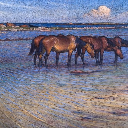‘Horses Cooling Themselves in Water’, Nils Kreuger, oil on board, 1902.