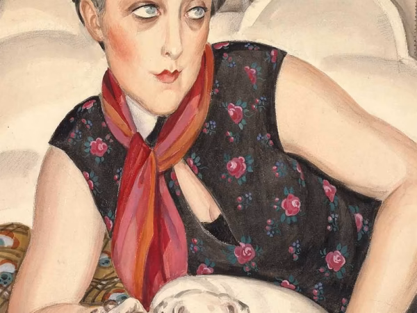 Gerda Wegener Greetings Cards: ‘Portrait of a Woman Reading with a Dog’, watercolour on paper, 20th century.
