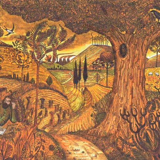 ‘Man on a Laptop, Early Morning’, Kit Boyd, hand coloured etching, 2020.