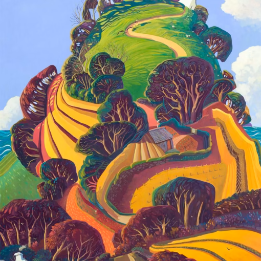 ‘Home on the Hill’, Jo March, acrylic on board.