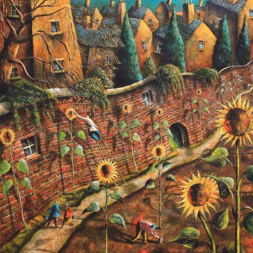 Adrian Sykes Cards: ‘Planting Sunflowers’, Adrian Sykes, oil and mixed media on board.