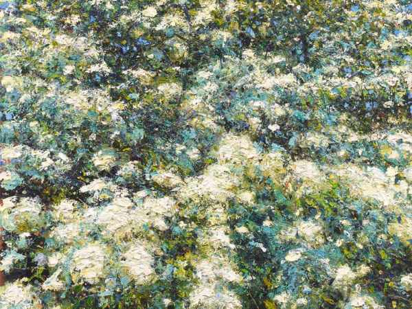 Andrew Gifford Cards: ‘Details Within the Hawthorn Bush, Devil’s Dyke III’, Andrew Gifford, oil on canvas, 2018.