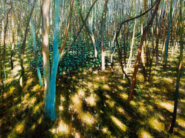‘Hawthorn, Moss and Nettles, Midday, May’, Andrew Gifford, oil on canvas, 2020.