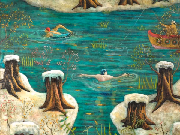 Adrian Sykes Cards: ‘Winter Swim’, Adrian Sykes, oil and mixed media on board.