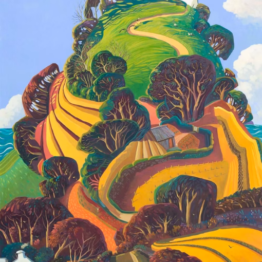 ‘Home on the Hill’, Jo March, acrylic on board.